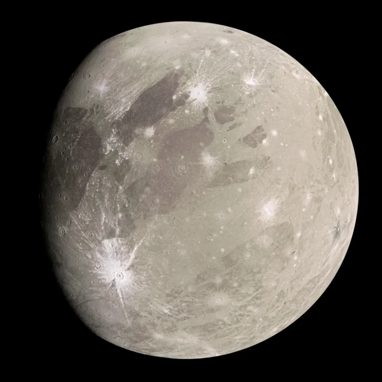 Surface of Ganymede showing impact craters and geological features linked to its formation