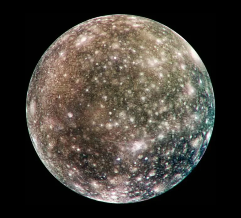 Callisto, one of the moons of Jupiter, featuring a dark, heavily cratered surface captured in high-resolution.