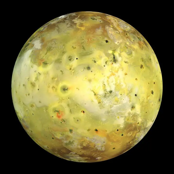 Close-up view of Io, one of the moons of Jupiter, showing volcanic activity and colorful sulfur-rich surface.