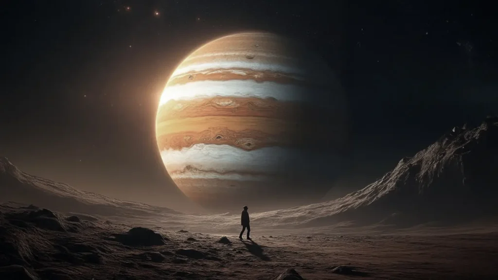 Silhouette of a person walking on a rocky surface with Jupiter looming in the sky, concept art of a view from a Jovian moon